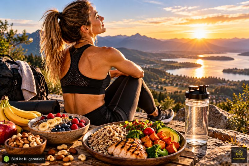 Sportlerin bei der Regeneration mit Reis, Süßkartoffel, Haferflocken, Banane und ausgewogener Mahlzeit als Kohlenhydratquellen für Training und Regeneration