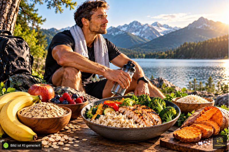 Sportler nach dem Training mit Reis, Haferflocken, Banane, Süßkartoffel und ausgewogener Mahlzeit als Kohlenhydratquellen für Training und Regeneration