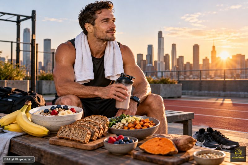 Sportler nach dem Training mit Banane, Haferflocken, Vollkornbrot, Süßkartoffel und ausgewogener Mahlzeit zur Wiederauffüllung der Glykogenspeicher