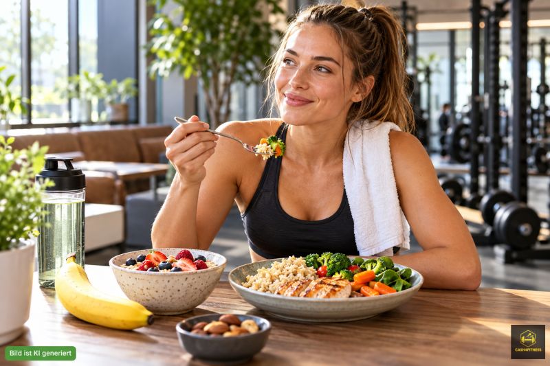 Sportlerin nach dem Training mit Reis, Gemüse, Haferflocken, Beeren und Banane als Beispiel für Kohlenhydrate für Training und Regeneration