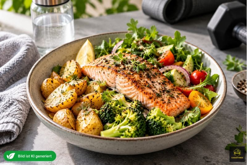 Lachs-Bowl mit Kartoffeln, Brokkoli, Blattgemüse und Tomaten als nährstoffreiche Mahlzeit für Sportler und Regeneration