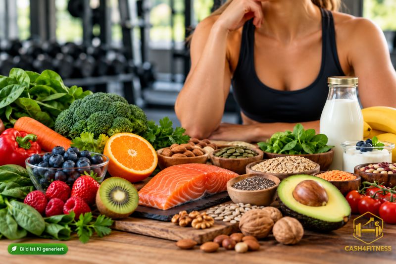 Sportlerin mit Lachs, Beeren, Gemüse, Nüssen, Samen und weiteren Lebensmitteln als Symbol für Mikronährstoffe im Fitness-System