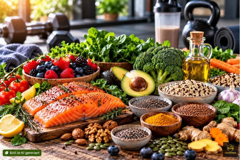 Lachs, Walnüsse, Chiasamen, Leinsamen und weitere nährstoffreiche Lebensmittel als Omega-3-Quellen für Sportler und Regeneration