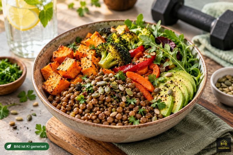 Pflanzliche Linsen-Gemüse-Bowl mit Brokkoli, Paprika, Avocado, Süßkartoffeln und Kernen als nährstoffreiche Mahlzeit für Sportler