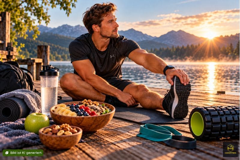 Sportler beim regenerativen Stretching mit ausgewogener Mahlzeit, Wasser und Trainingsausrüstung als Symbol für Training, Ernährung und Regeneration