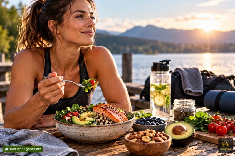 Sportlerin mit Lachs-Bowl, Beeren, Avocado, Nüssen und Samen als Beispiel für eine regenerationsorientierte Ernährung nach dem Training
