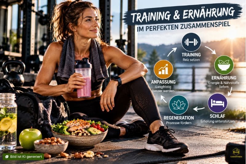 Sportlerin mit Regenerationsmahlzeit und Infografik zu Training, Ernährung, Schlaf, Regeneration und Anpassung im Fitness-System